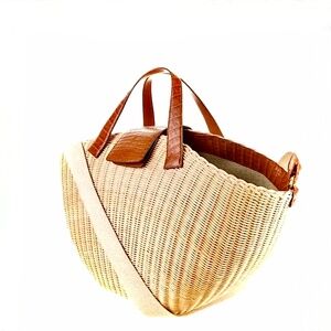 Nancy Gonzales Large Wicker and Crocodile Trim Basket Tote NEW